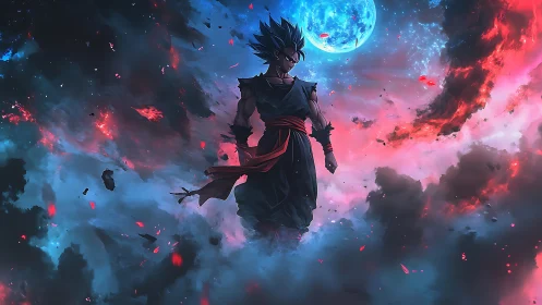 Lunar-backlit warrior suspended in ionized nebular storm.