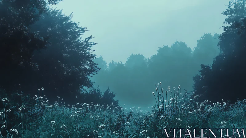 Mist-laden blue forest meadow with delicate wildflowers at dawn.