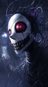 Cybernetic horror entity emerges with luminous red optic cores