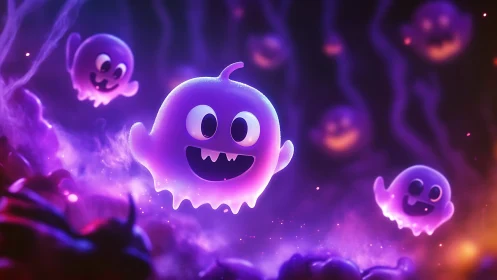 Glowing purple cartoon ghosts in soft neon mist.