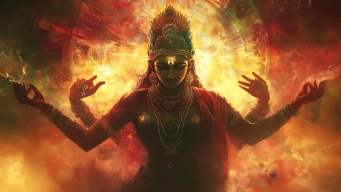 Divine goddess silhouette within radiant cosmic fire halo.