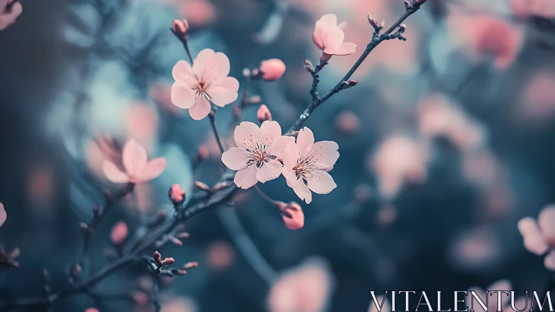 Pink blossoms bloom on dark branches with soft focus bokeh