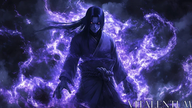 Dark sorcerer commands violet ethereal energy vortex.