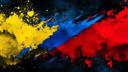 Vibrant splashes of yellow, blue and red collide on black