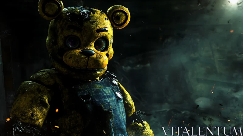 Distressed animatronic bear in cinematic low key lighting