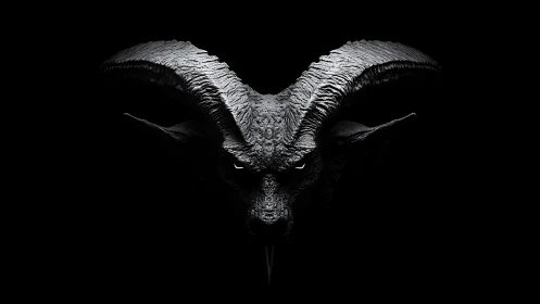 High-contrast ram skull render with detailed horn surface texturing