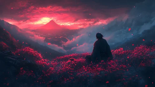 Samurai silhouette in chromatic red valley at volcanic dawn.