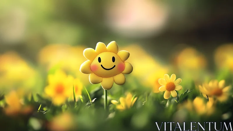 Smiling cartoon sunflower brightens a dreamy spring meadow