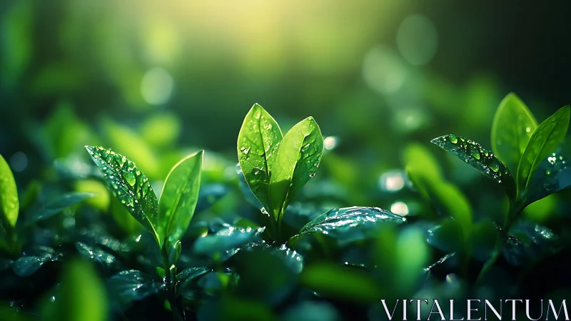 Morning light bathes fresh green leaves in dewy radiance