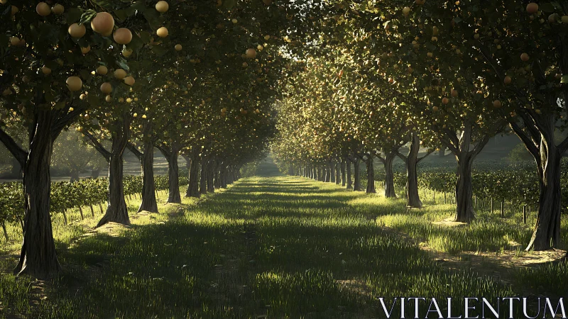 Sunlit symmetrical orchard rows with ripening fruit trees