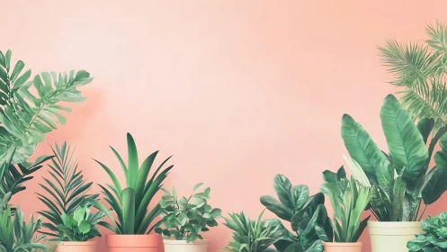 Tropical houseplants line pastel coral studio wall.