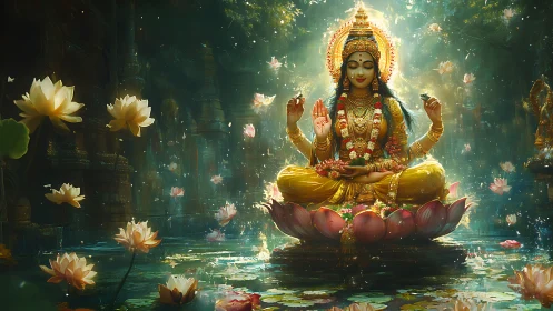 Goddess in golden serenity meditates upon a lotus throne.