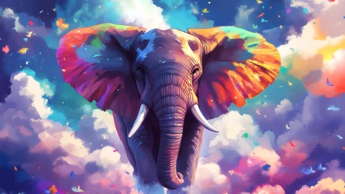 Majestic rainbow elephant emerges through luminous sky clouds