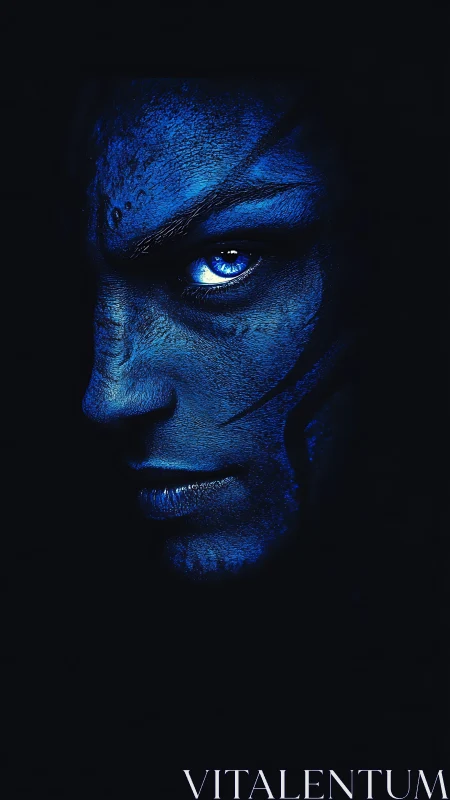 Intense blue alien face in dramatic side portrait closeup.