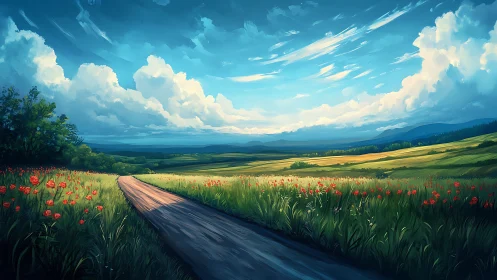 Country road winds through sunlit fields beneath vast sky.