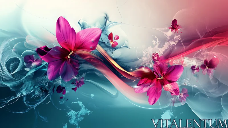 Floral currents drift through neon mist and iridescent air.