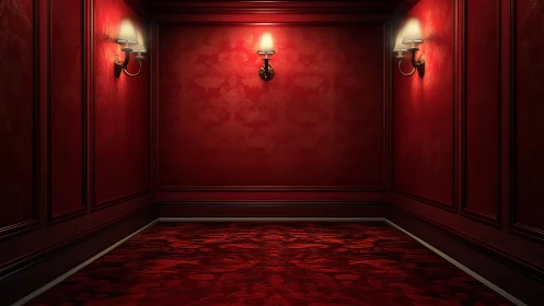 Narrow red interior room shows three lit wall sconces