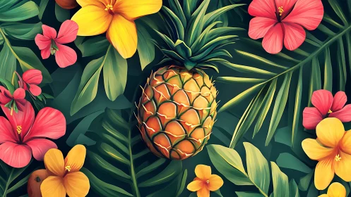Pineapple centered among tropical leaves and hibiscus flowers.