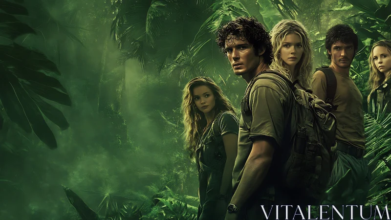 Survival expedition team framed in dense tropical rainforest