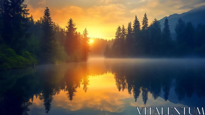 Sunrise forest lake with glowing mist and reflections.