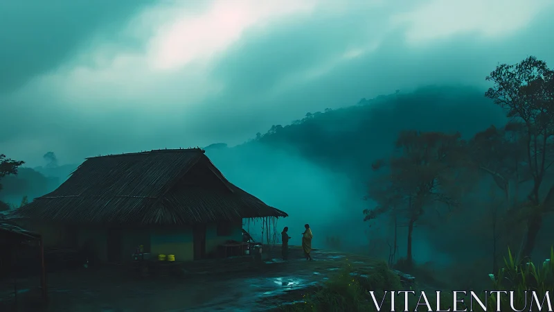 Mist-soaked hillside hut cradles two quiet midnight storytellers