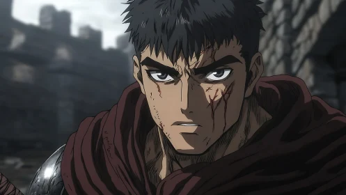 Battle-worn anime swordsman with cloak in stone setting.