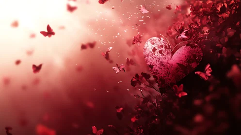 Textured heart with butterflies in deep red gradient.