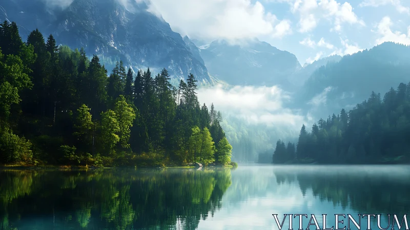 Photorealistic alpine lake with misted fir forest symmetry.
