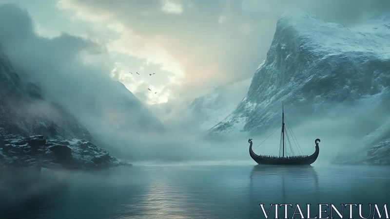 Silent viking longship drifting through mist-cloaked fjord.