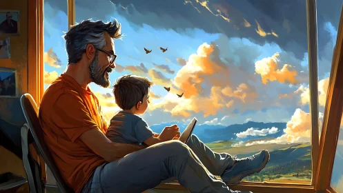 Digital painting of father and child at sunlit panoramic window.