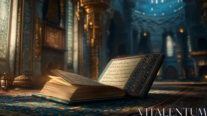 Sacred book resting in golden light of a tranquil mosque.
