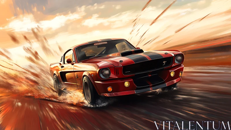 Red classic fastback car on wet road with motion blur.