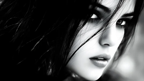 Monochrome portrait captures intense, cinematic female gaze.