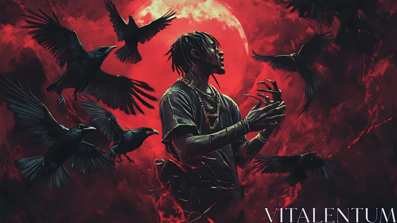 Man with crows under blood red moon in dark red sky.