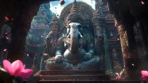 Majestic elephant deity amid ivy-covered stone sanctuary.