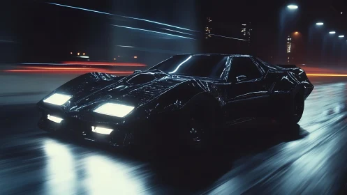 Midnight hypercar racing through neon soaked city streets.