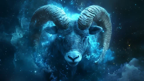 Cosmic ram spirit quietly glows in swirling blue starlight