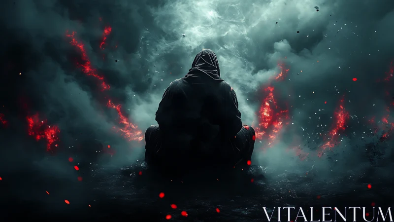 Shrouded wanderer rests calmly in a storm of embered mist