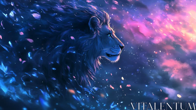 Cosmic lion profile in luminescent blue and magenta nebula