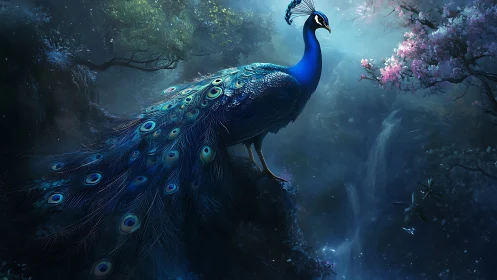 Mystic blue peacock overlooks moonlit enchanted waterfall