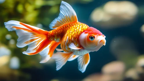Goldfish with flowing fins in clear underwater scene.