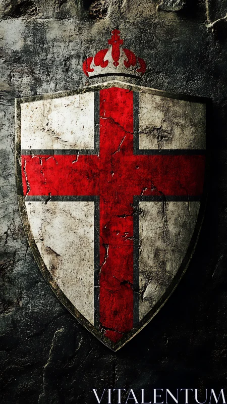 Weathered crusader shield with red cross and crown emblem