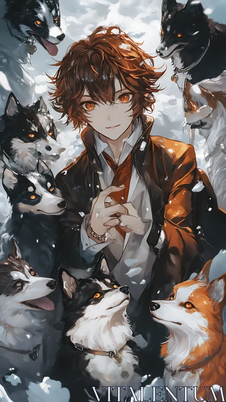 Anime portrait of youth with dogs in dynamic snowy composition.