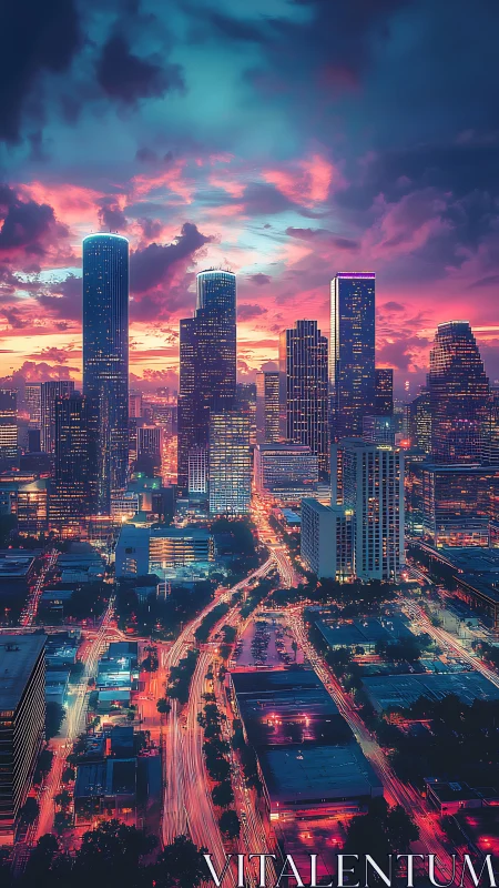 Neon-lit high-rise skyline under magenta cyan dusk cloudfield