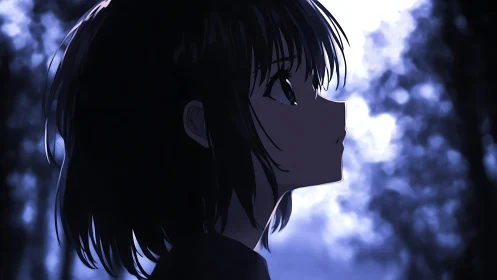 Anime girl silhouette in cool blue twilight forest.