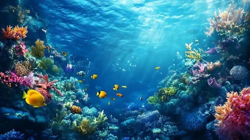 Sunlit coral reef teems with colorful tropical marine life.