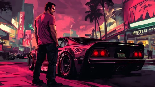 Neon-soaked street racer waits beside sleek retro car.