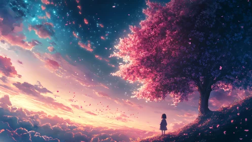 Starlit girl under luminous cherry tree at cloud horizon.