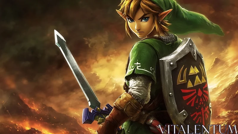 Armored elf warrior rendered with dynamic lighting and volcanic sky