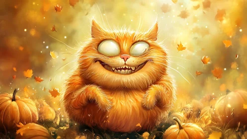 Playful pumpkin patch cat beams with bright autumn delight